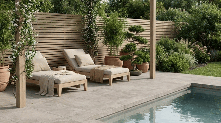 coin terrasse cocooning avec plantes en pot, coussins et décoration chaleureuse